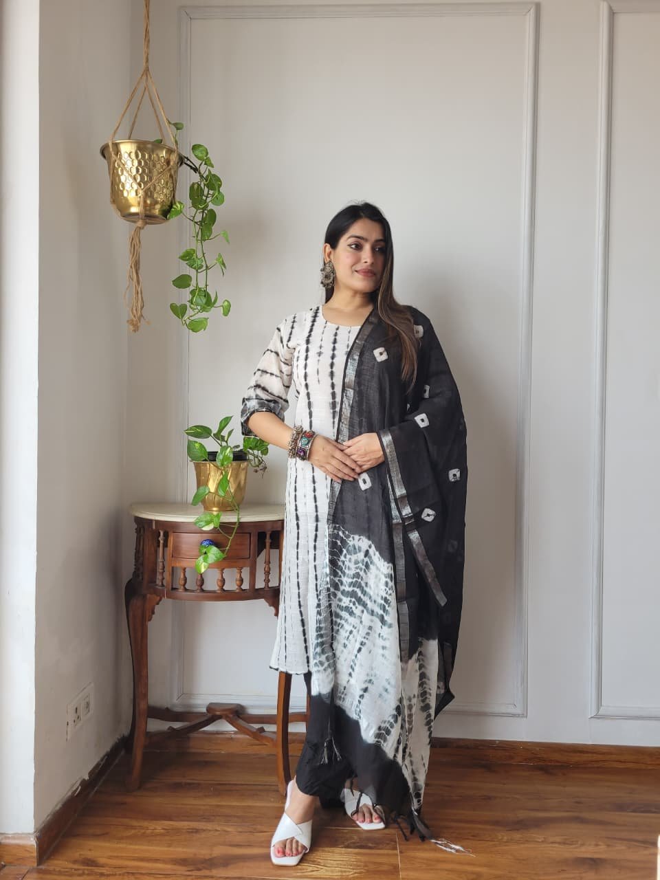 White Bagru Hand Block Printed Linen Suit Set